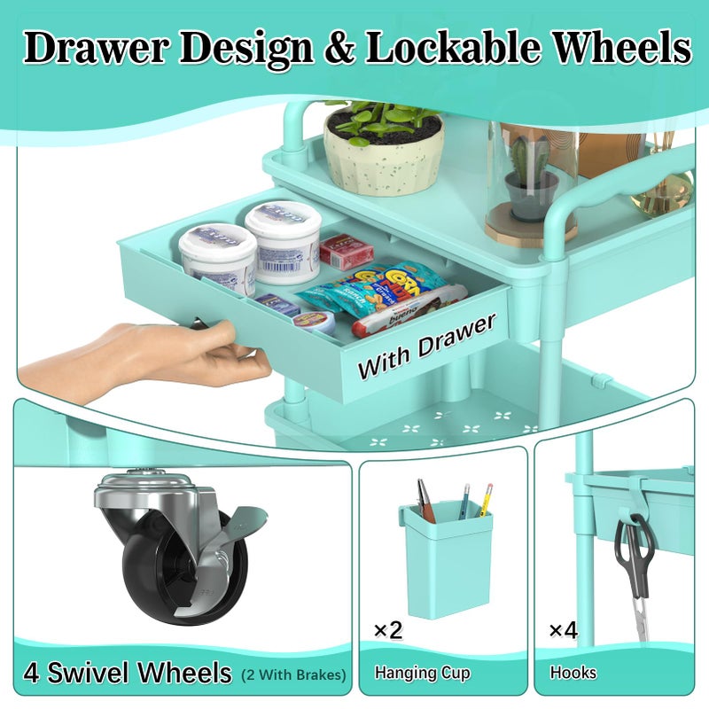 SUNALLY 3-Tier Rolling Cart with Drawer & Lockable Wheels, Bathroom Storage Organizer Multifunctional Rolling Storage Cart for Bathroom, Kitchen, Office, Craft, Makeup, Baby Essentials, Blue - Image 3