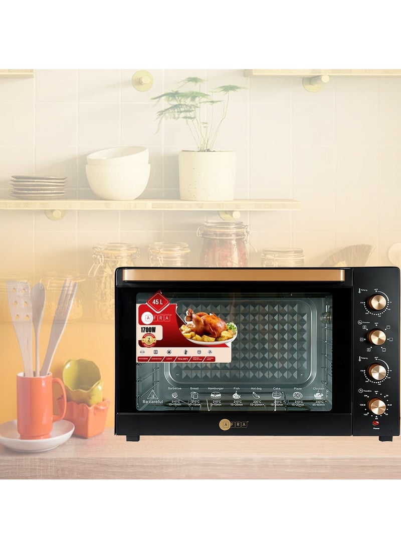 AFRA Electric Oven Toaster, 45L, 2800w Convection Rotisserie & Oven Lamp, 4 Knobs Tray, Rack, Handle, 7-Functions control, Adjustable Thermostat 70 to 250C, AF-4517OTBK, 2-Year Warranty