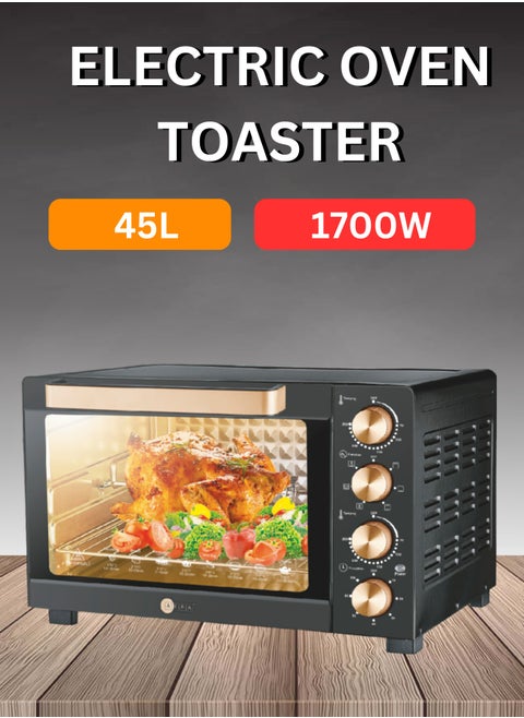 AFRA Electric Oven Toaster, 45L, 2800w Convection Rotisserie & Oven Lamp, 4 Knobs Tray, Rack, Handle, 7-Functions control, Adjustable Thermostat 70 to 250C, AF-4517OTBK, 2-Year Warranty