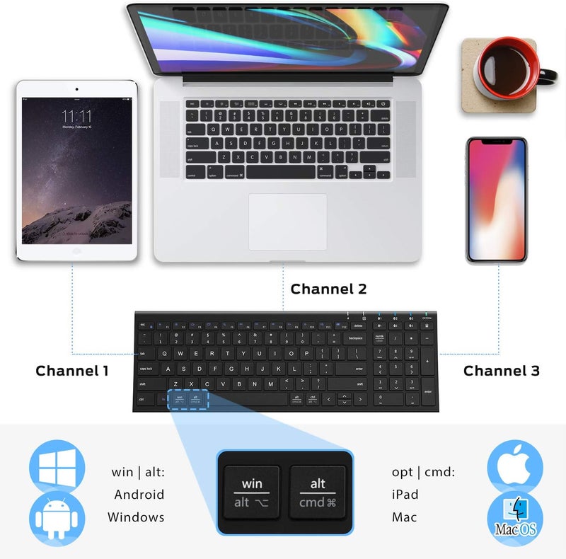 iClever BK10 Bluetooth Keyboard, Universal Bluetooth 5.1 Wireless Keyboard with Number Pad, Ergonomic Design, Multi-Device Compatibility, Stable Connection for Mac, iPad, iPhone, Android, Windows - Image 3