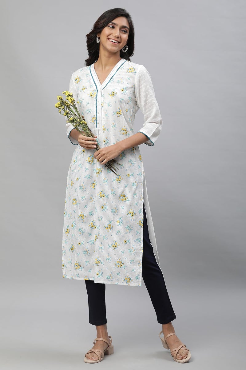 Aurelia Women's White Floral Printed Cotton Blend Straight Kurta_23AUA14493-507266_L - Image 2