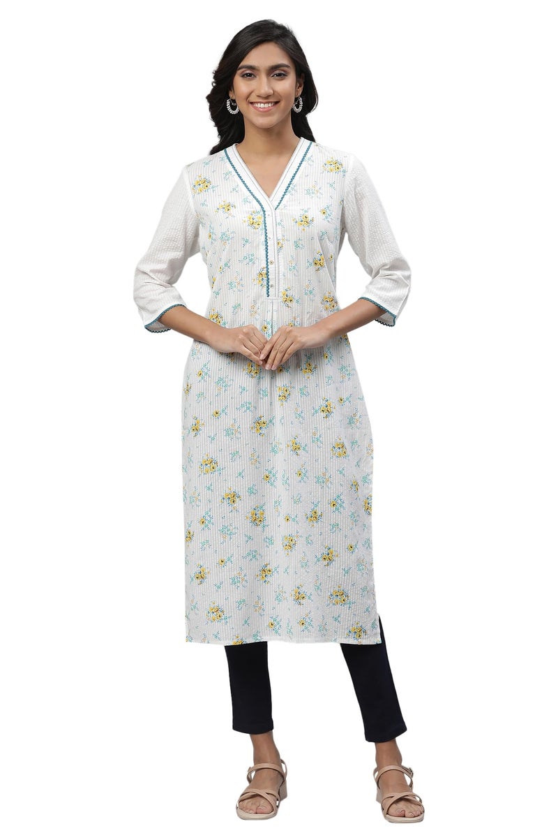Aurelia Women's White Floral Printed Cotton Blend Straight Kurta_23AUA14493-507266_L - Image 1