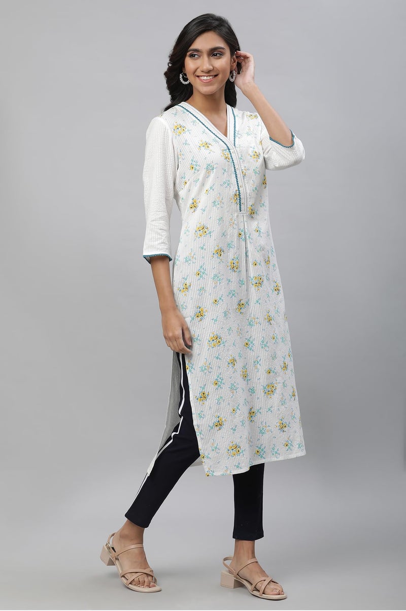 Aurelia Women's White Floral Printed Cotton Blend Straight Kurta_23AUA14493-507266_L - Image 5