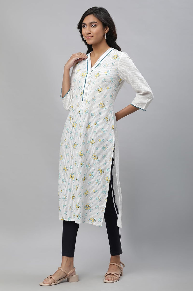Aurelia Women's White Floral Printed Cotton Blend Straight Kurta_23AUA14493-507266_L - Image 3