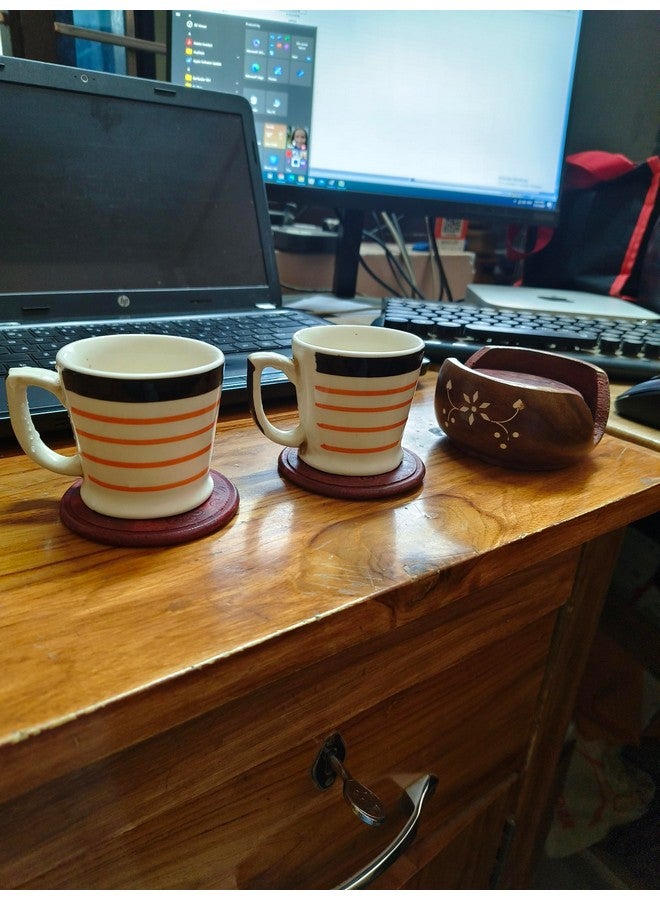 QUAMIUM QUAMIUM Coaster Lotus Shape Set of 6 Plate with Stand Dining Table Serving Office Handmade 3.5 Inch Brown  - Image 4