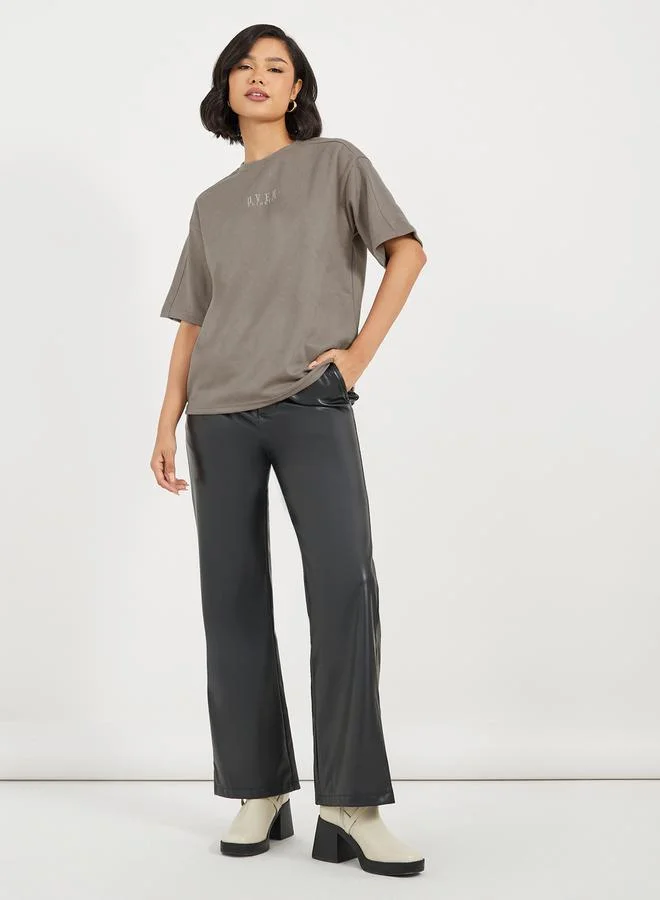 Styli Oversized Suede Look Overthinking Slogan T-Shirt