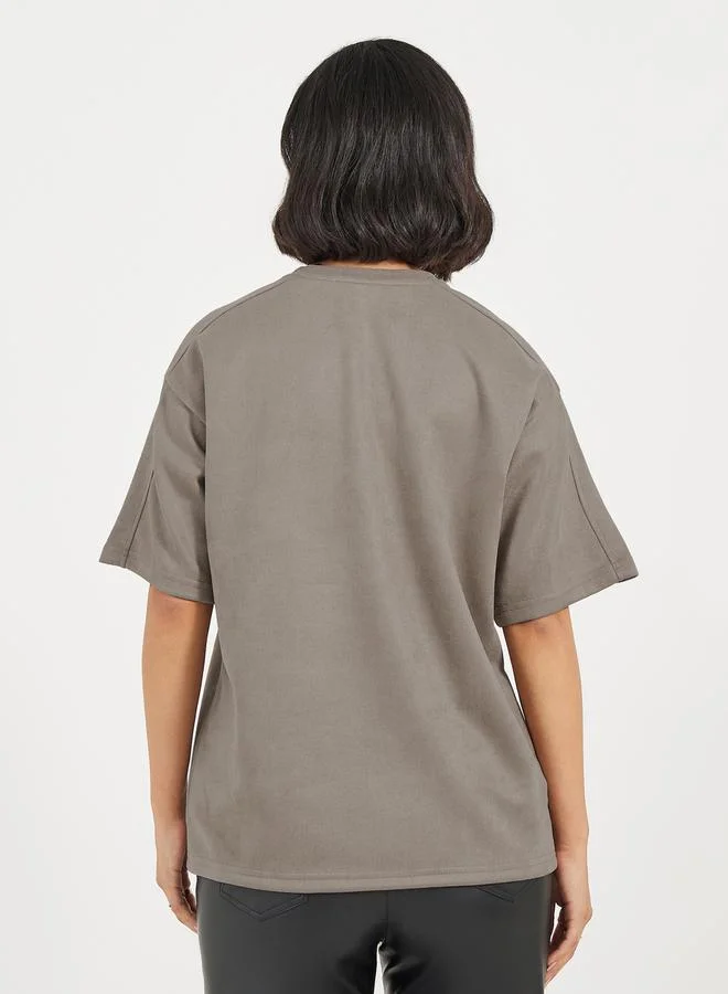 Styli Oversized Suede Look Overthinking Slogan T-Shirt