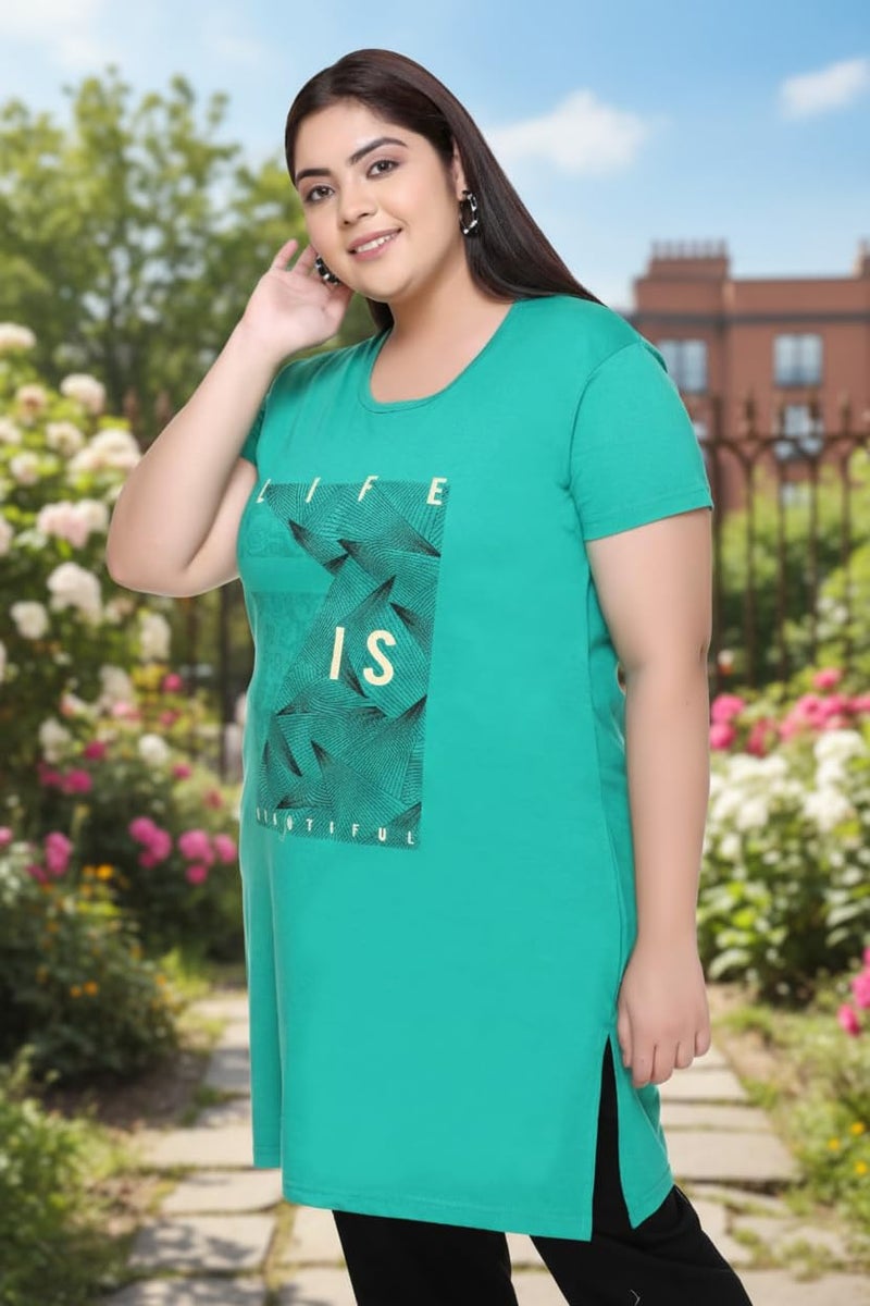 In Love Women Cotton Regular Fit Plus Size Cotton Long-Line Chest Print T-Shirt With Pocket,Green,5XL - Image 4