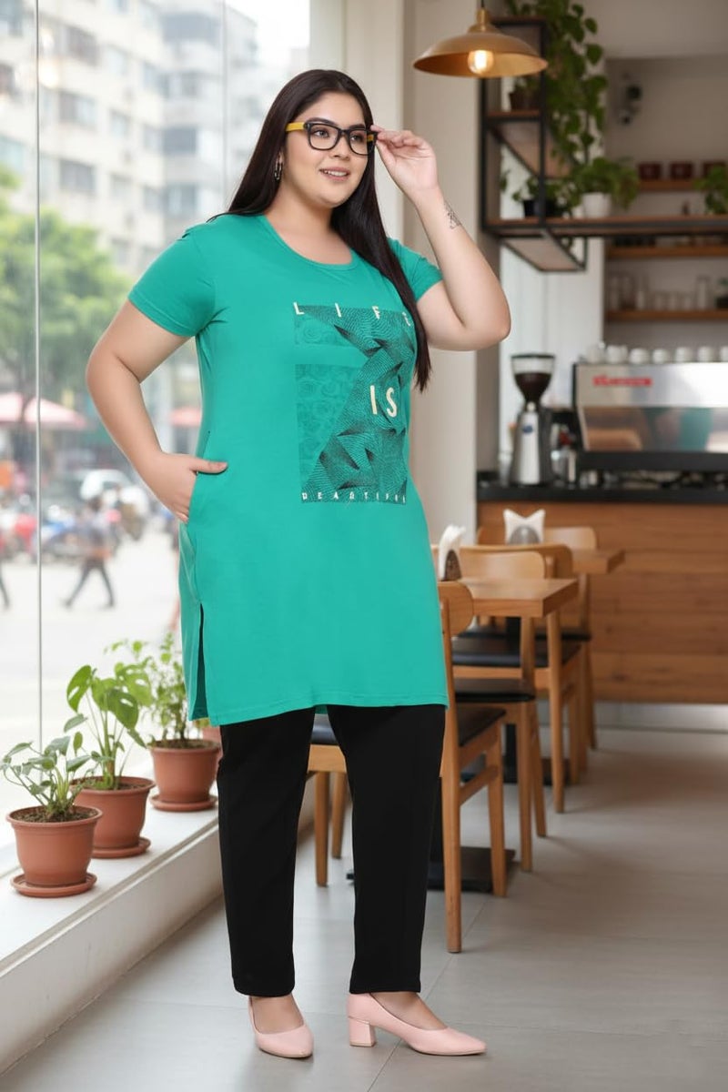 In Love Women Cotton Regular Fit Plus Size Cotton Long-Line Chest Print T-Shirt With Pocket,Green,5XL - Image 2