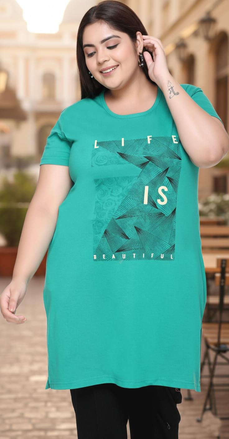 In Love Women Cotton Regular Fit Plus Size Cotton Long-Line Chest Print T-Shirt With Pocket,Green,5XL - Image 5