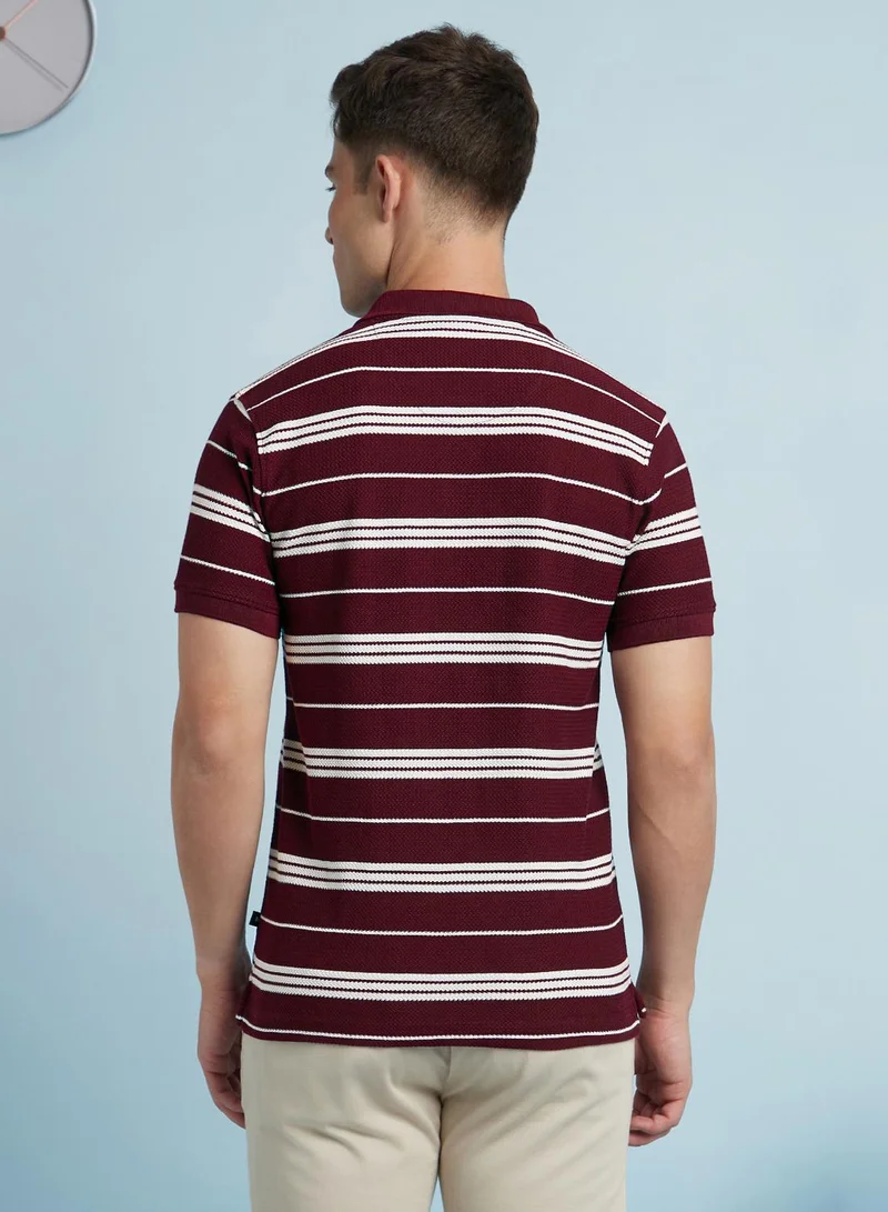 Dennis Lingo Men's Classic Red And Off White Cotton Blend Striped Regular Fit T-Shirt