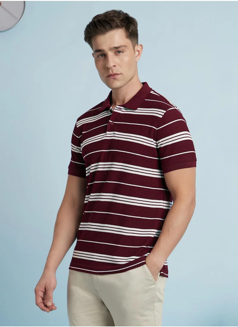دينيس لينغو Men's Classic Red And Off White Cotton Blend Striped Regular Fit T-Shirt