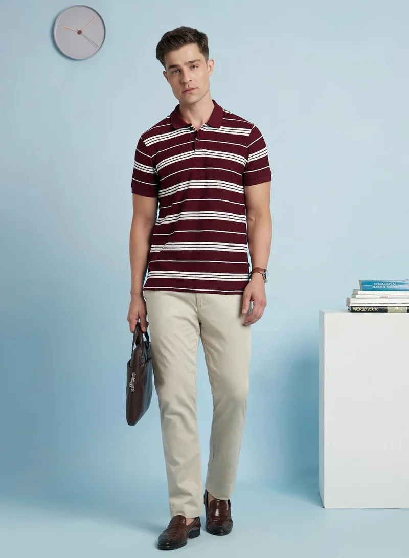 Dennis Lingo Men's Classic Red And Off White Cotton Blend Striped Regular Fit T-Shirt