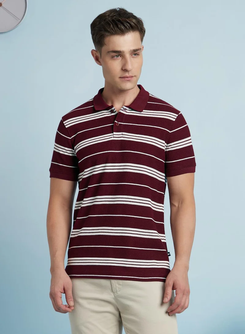 Dennis Lingo Men's Classic Red And Off White Cotton Blend Striped Regular Fit T-Shirt