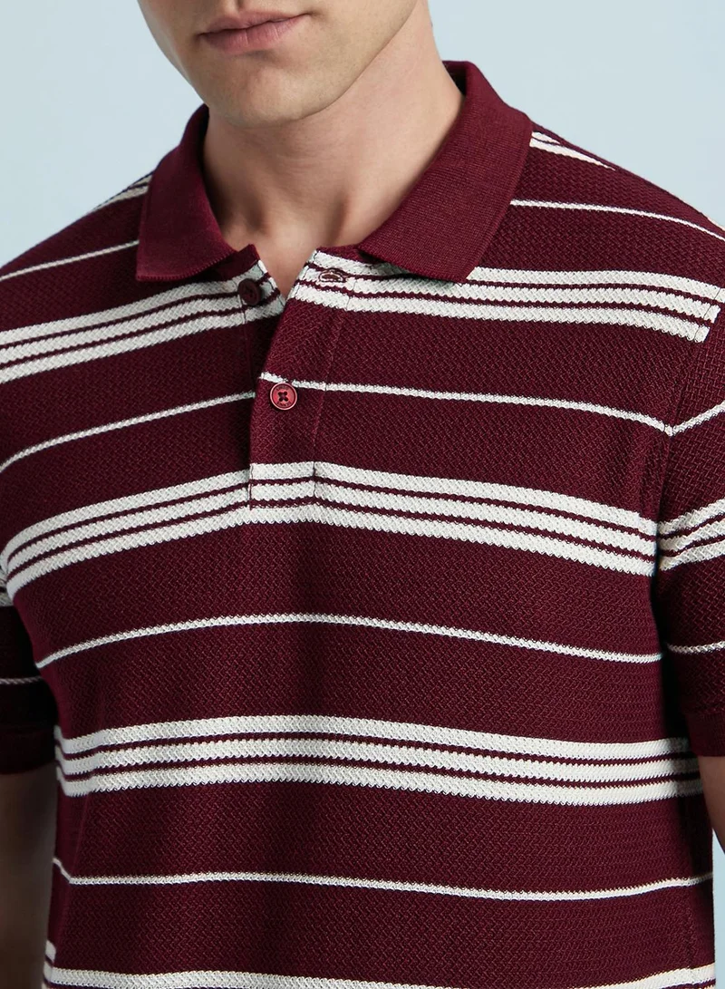 Dennis Lingo Men's Classic Red And Off White Cotton Blend Striped Regular Fit T-Shirt