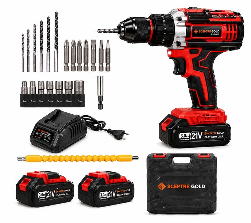 SCEPTRE 21V Cordless Impact Drill Kit, 300W Power Driver with 2×20V Batteries, 29 Accessories, Variable Speed, 3/8" Chuck, Carry Case – Compact Electric Drill for DIY, Home, and Woodworking - Image 1