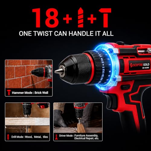 SCEPTRE 21V Cordless Impact Drill Kit, 300W Power Driver with 2×20V Batteries, 29 Accessories, Variable Speed, 3/8" Chuck, Carry Case – Compact Electric Drill for DIY, Home, and Woodworking - Image 3