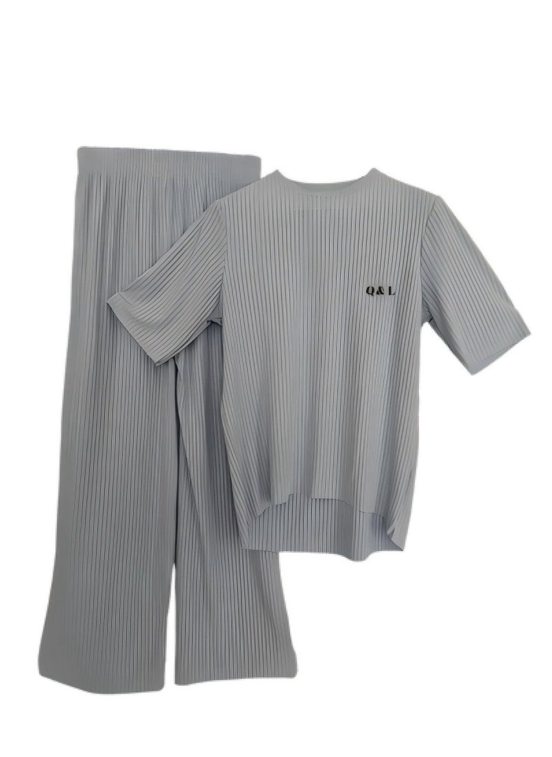 Generic Fashionable Casual 2 pics Women's Loose-Fit Suit , Ladies comfortable and Knitted rib , spandex blended with cotton , short sleeve top and wide leg pants set for daily commute and leisure simple design 