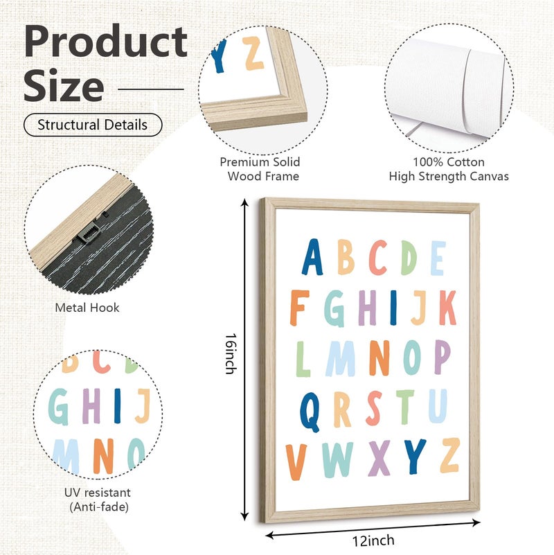 Pennclys Kids Playroom Wall Art Decor Alphabet Poster Play Room Canvas Wall Decor ABC Nursery Wall Art 123 Toddler Poster Let's Read for Boy Girl Room 12x16 Inch Wood Framed Set of 3 - Image 2