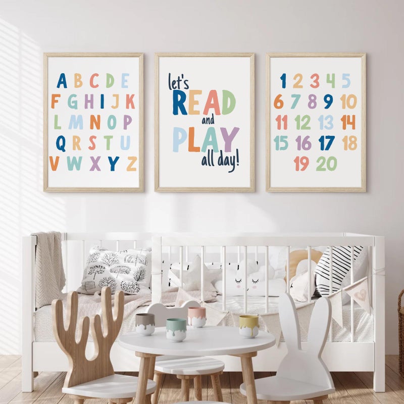 Pennclys Kids Playroom Wall Art Decor Alphabet Poster Play Room Canvas Wall Decor ABC Nursery Wall Art 123 Toddler Poster Let's Read for Boy Girl Room 12x16 Inch Wood Framed Set of 3 - Image 5