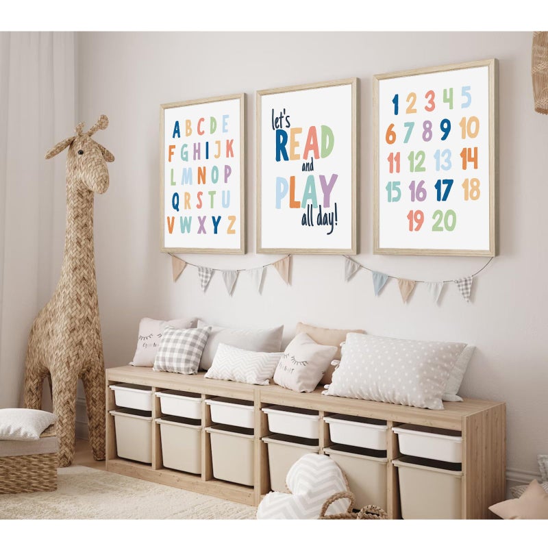 Pennclys Kids Playroom Wall Art Decor Alphabet Poster Play Room Canvas Wall Decor ABC Nursery Wall Art 123 Toddler Poster Let's Read for Boy Girl Room 12x16 Inch Wood Framed Set of 3 - Image 3