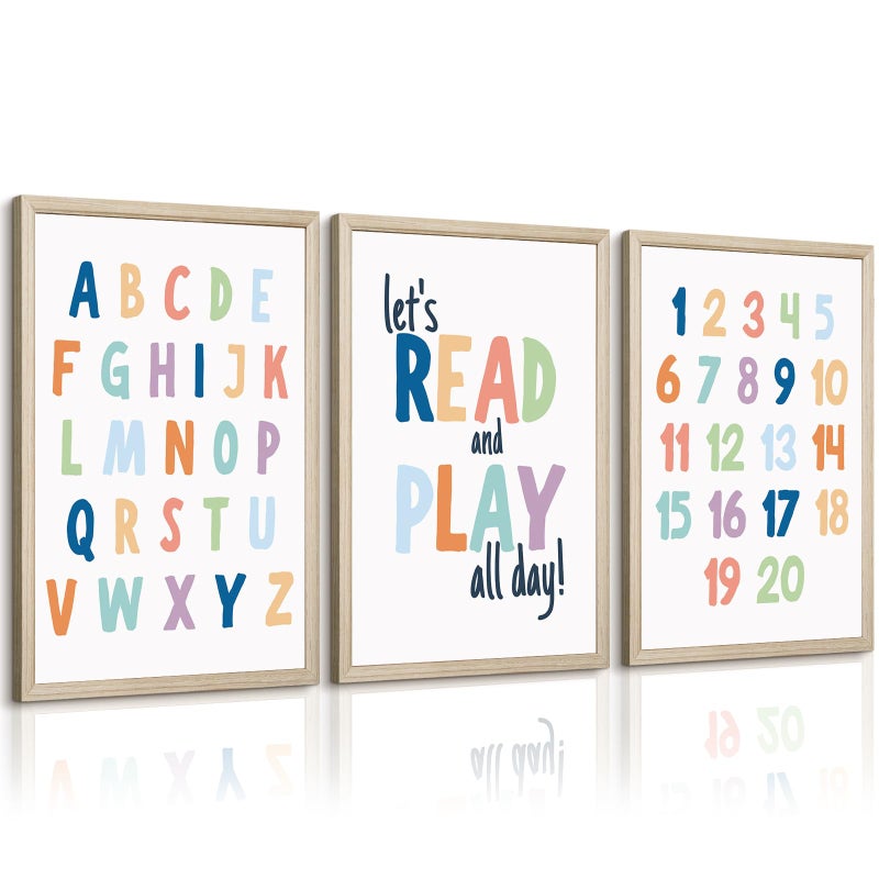 Pennclys Kids Playroom Wall Art Decor Alphabet Poster Play Room Canvas Wall Decor ABC Nursery Wall Art 123 Toddler Poster Let's Read for Boy Girl Room 12x16 Inch Wood Framed Set of 3 - Image 1