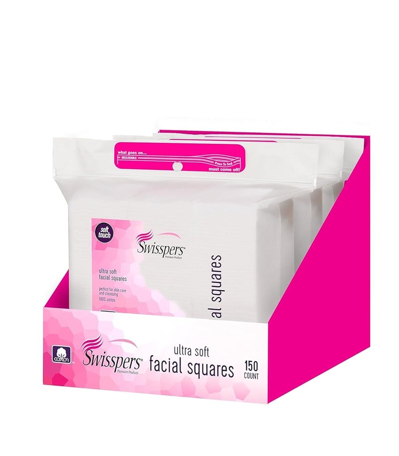 Swisspers Premium Ultra Soft Cleansing Cotton Pads 150 Count Pack of 3 Luxuriously Soft Pads for Gentle Skincare and Makeup Removal 100 Cotton