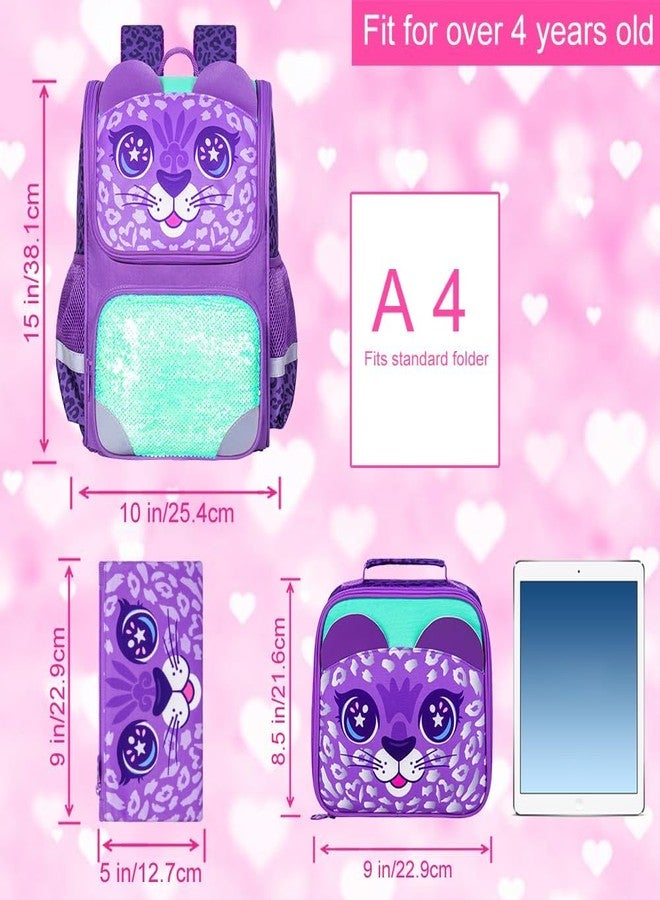UFNDC 3PCS Kids Backpack for Girls, 15" Sequin Bookbag with Lunch Box, Leopard School Bag Set for Elementary Preschool Toddler - Image 5