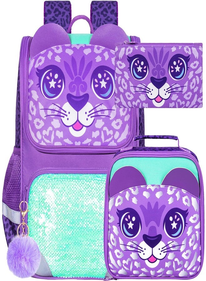 UFNDC 3PCS Kids Backpack for Girls, 15" Sequin Bookbag with Lunch Box, Leopard School Bag Set for Elementary Preschool Toddler - Image 1