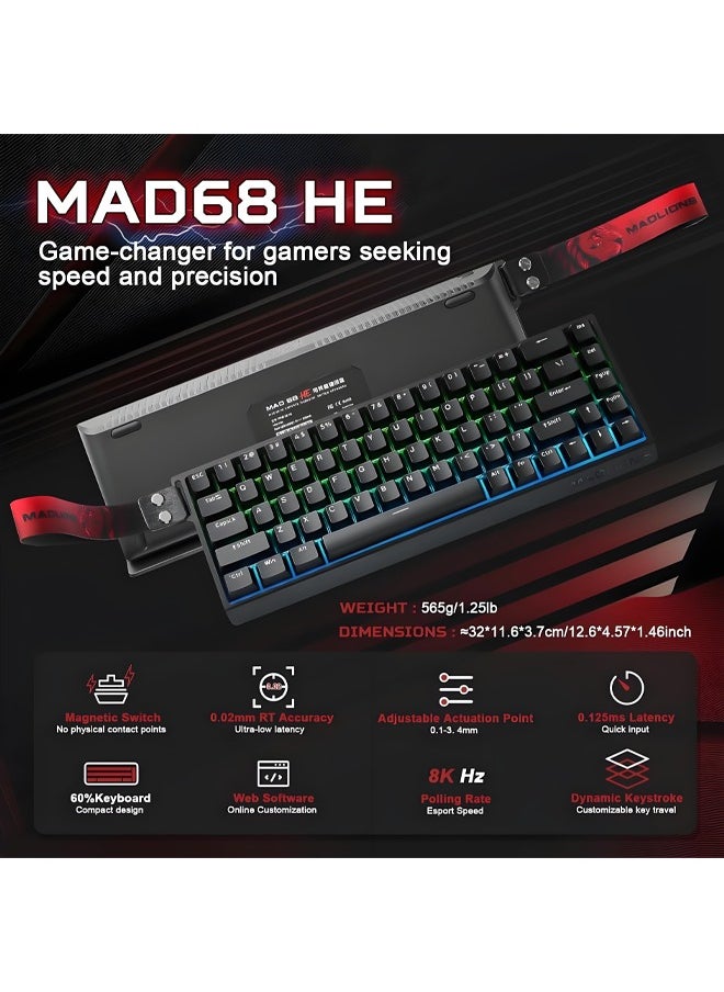 Mad68 HE RGB Mechanical Keyboard Magnetic Switch Hot Swap 8000hz 0.02mm FPS Gaming Keyboard with Adjustable Actuation, Rapid Trigger Mode, Hall Effect Switches, for PC/Mac, Black Portable Birthday Holiday Gift