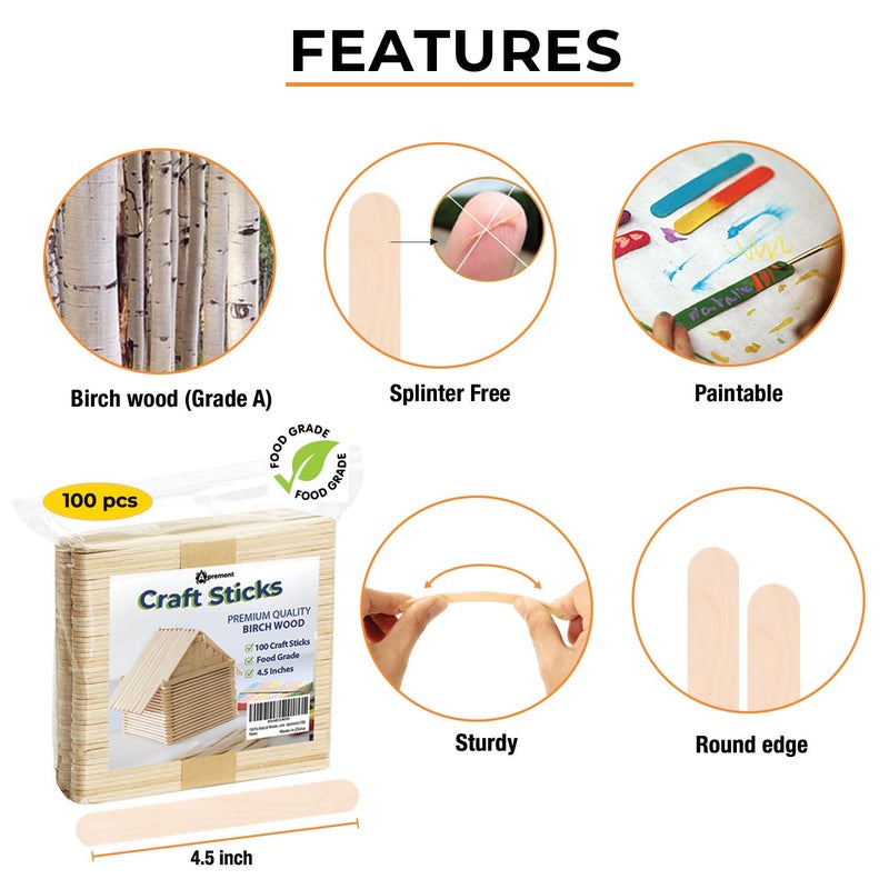 APREMONT 100 Pcs Natural Wooden Food Grade Craft Sticks - Ice Cream Stick - Popsicle - 4.5 Inch Length - Suit Crafting  Stirring  Paddle  Waxing  Small Ice Pop Stick For Diy Kids Popcicle - Apremont (100) - Image 2