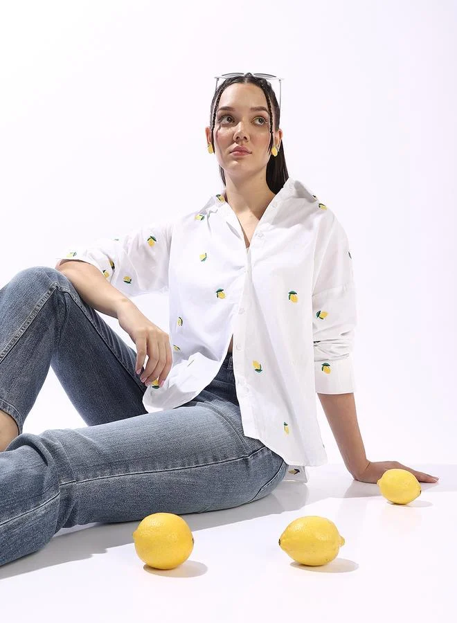 هاي ستار قميص نسائي أبيض مطرز بأزرار مقاس كبير قطن %