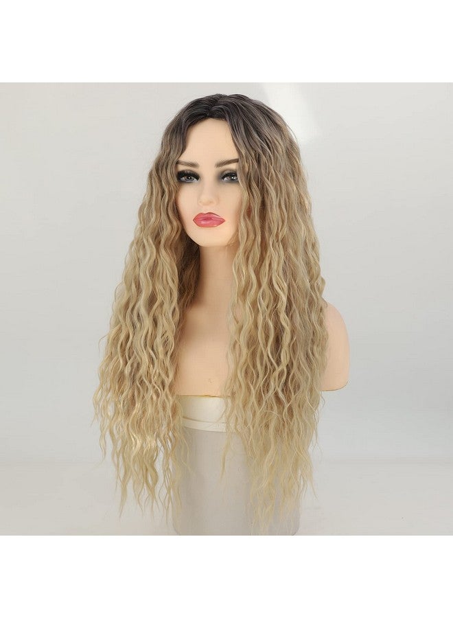 Fencca Ombre Blonde Long Curly Wigs For Women Heat Synthetic Curly Hair Wavy Full Wig Middle Part Natural Looking Wig - Image 5
