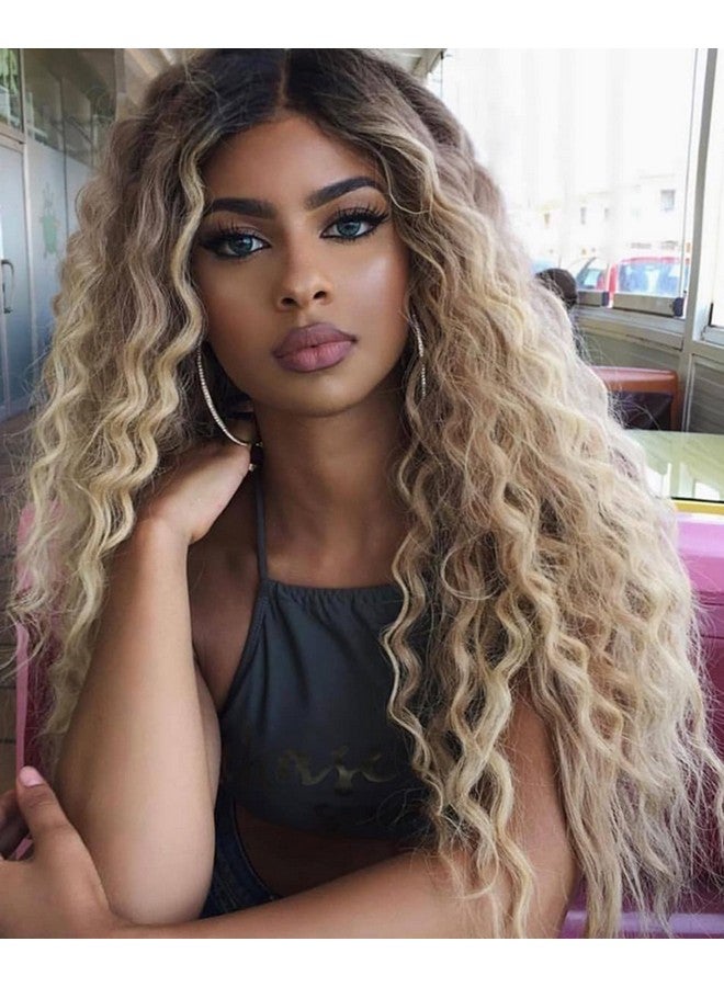 Fencca Ombre Blonde Long Curly Wigs For Women Heat Synthetic Curly Hair Wavy Full Wig Middle Part Natural Looking Wig - Image 2