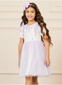 Floral Print Mesh Insert Satin Bow Detail Dress