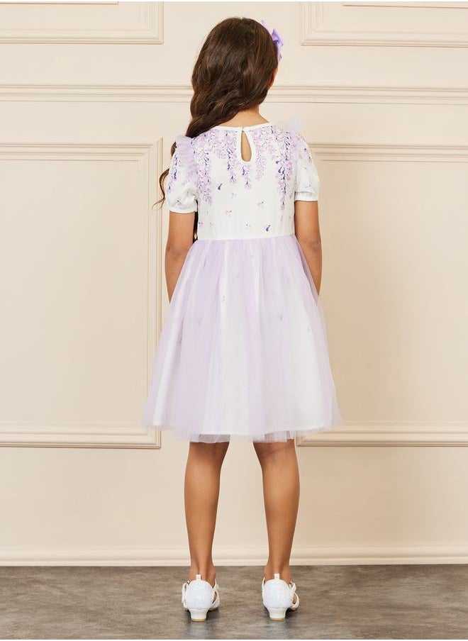 Styli - Floral Print Mesh Insert Satin Bow Detail Dress - Image 1