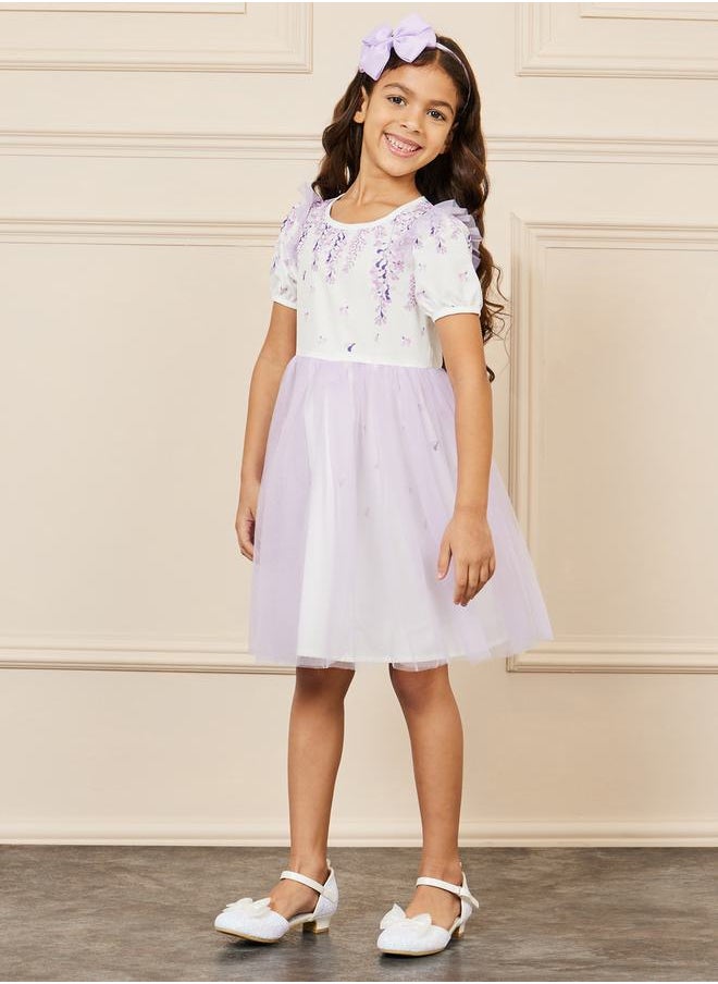 Styli - Floral Print Mesh Insert Satin Bow Detail Dress - Image 1