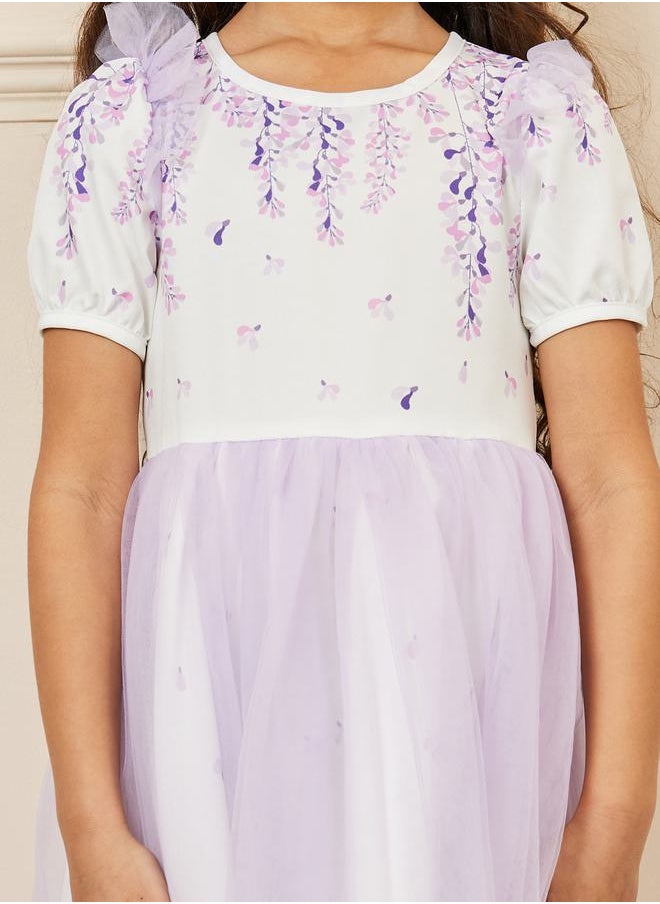 Styli - Floral Print Mesh Insert Satin Bow Detail Dress - Image 1
