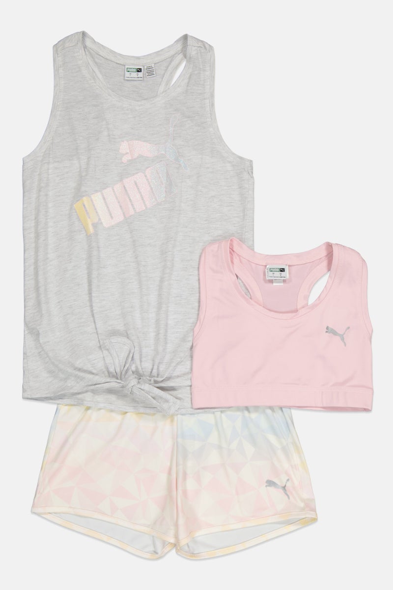 PUMA طقم بنات أطفال مكون من 3 قطع بشعار العلامة التجارية، متعدد الألوان - Image 1