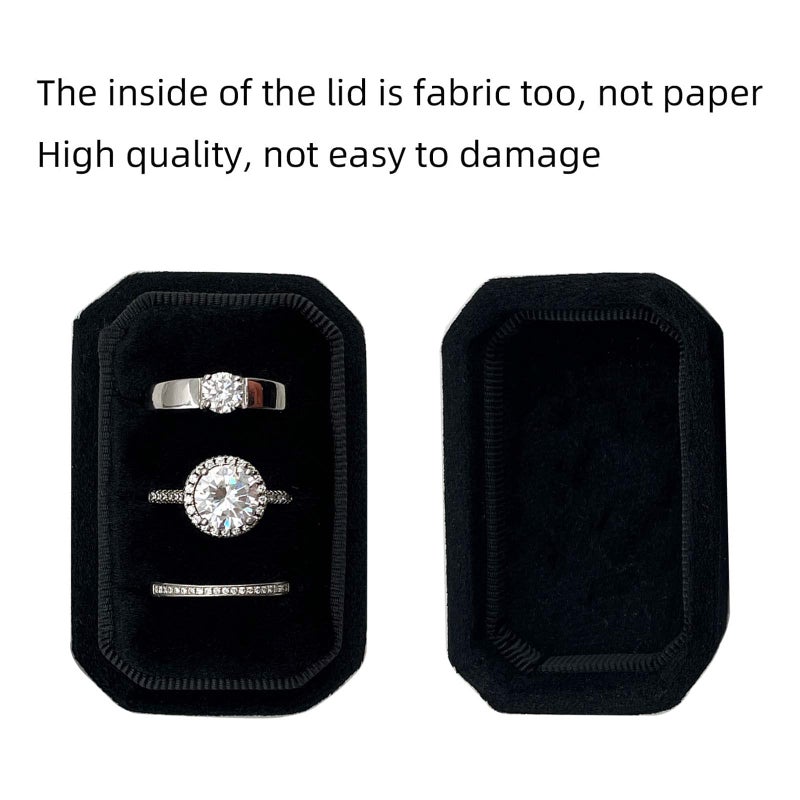 Beatilog Octagonal Rectangle Velvet Ring Box 3 Slots - Premium Handmade Wedding Three Rings Bearer Holder Vintage Orthogon Jewelry Storage for Ceremony Proposal Engagement (Black) - Image 5