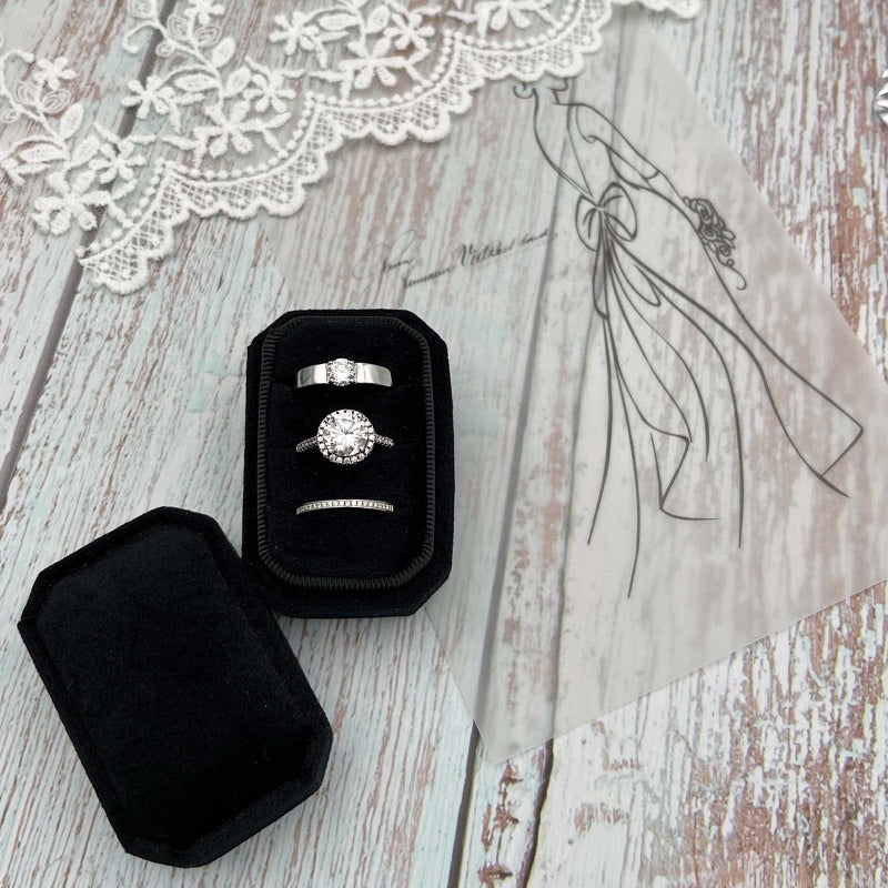 Beatilog Octagonal Rectangle Velvet Ring Box 3 Slots - Premium Handmade Wedding Three Rings Bearer Holder Vintage Orthogon Jewelry Storage for Ceremony Proposal Engagement (Black) - Image 4