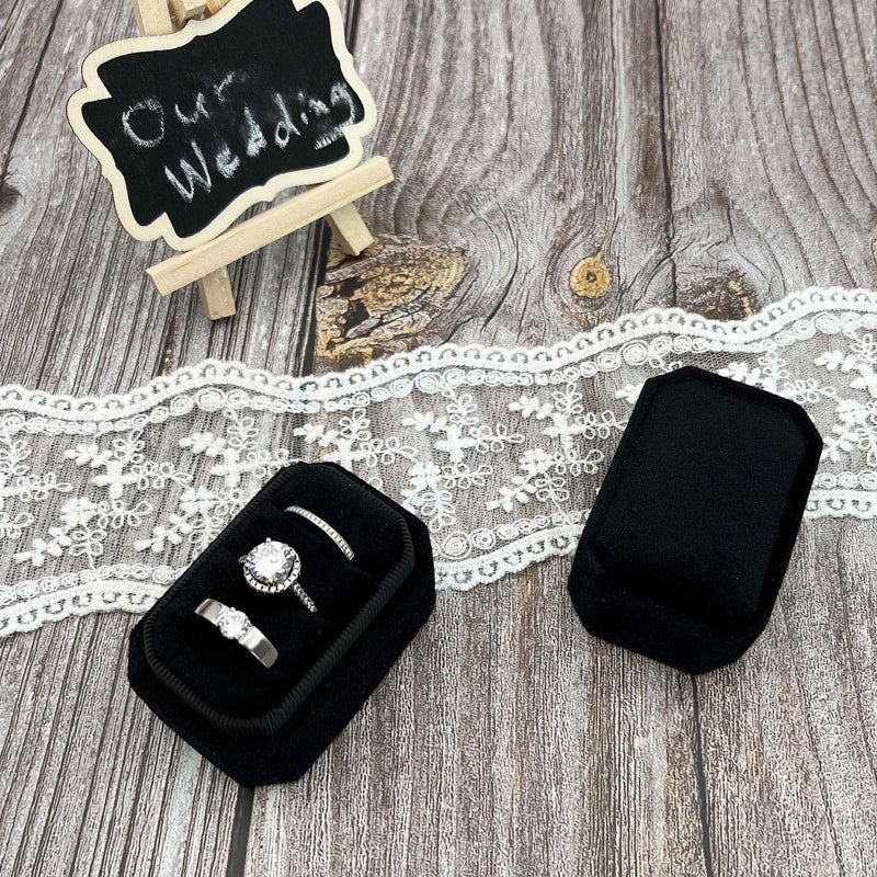 Beatilog Octagonal Rectangle Velvet Ring Box 3 Slots - Premium Handmade Wedding Three Rings Bearer Holder Vintage Orthogon Jewelry Storage for Ceremony Proposal Engagement (Black) - Image 3