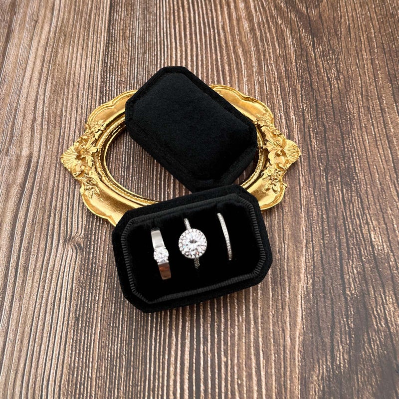 Beatilog Octagonal Rectangle Velvet Ring Box 3 Slots - Premium Handmade Wedding Three Rings Bearer Holder Vintage Orthogon Jewelry Storage for Ceremony Proposal Engagement (Black) - Image 2