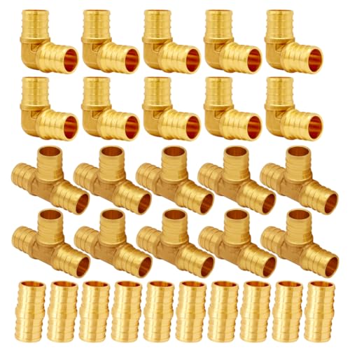 Uenede 30PCS LF Brass 34 Inch PEX Coupling Barb Crimp Pipe Tube Fitting Kit Straight10 Elbow10 Tee10 - Image 1