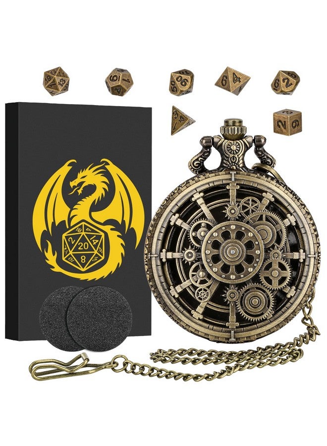 Keller & Weber Mini Dnd Dice Set With Steampunk Hollow Gear Pocket Watch Shell Case, 7Pcs Polyhedral Metal D&D Dice, Dnd Gifts With Gift Box For Dnd Fans, Role Playing Board Games Accessories - Image 1