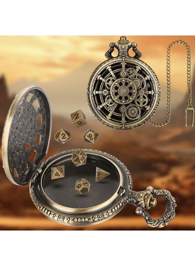 Keller & Weber Mini Dnd Dice Set With Steampunk Hollow Gear Pocket Watch Shell Case, 7Pcs Polyhedral Metal D&D Dice, Dnd Gifts With Gift Box For Dnd Fans, Role Playing Board Games Accessories - Image 2