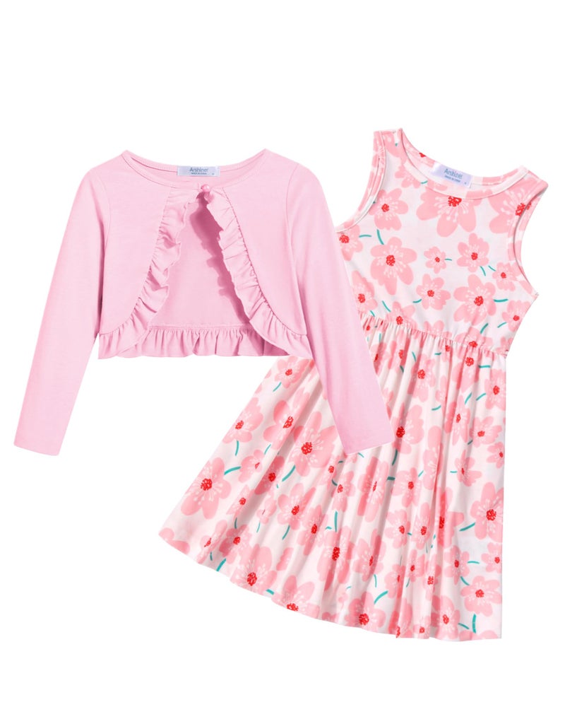 Arshiner Toddler Girls Dress with Pockets Cute Casual Floral Print Sleeveless Sundress and Pink Long Sleeve Shrugs Set 5-6 Years - Image 1