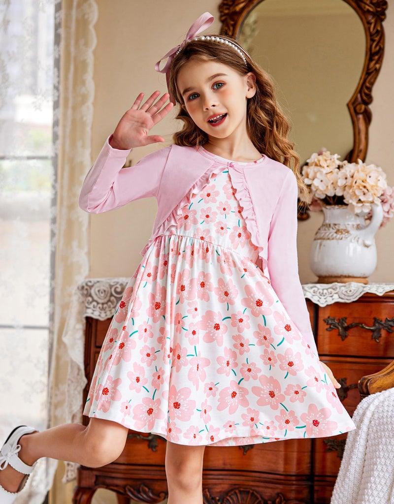 Arshiner Toddler Girls Dress with Pockets Cute Casual Floral Print Sleeveless Sundress and Pink Long Sleeve Shrugs Set 5-6 Years - Image 2