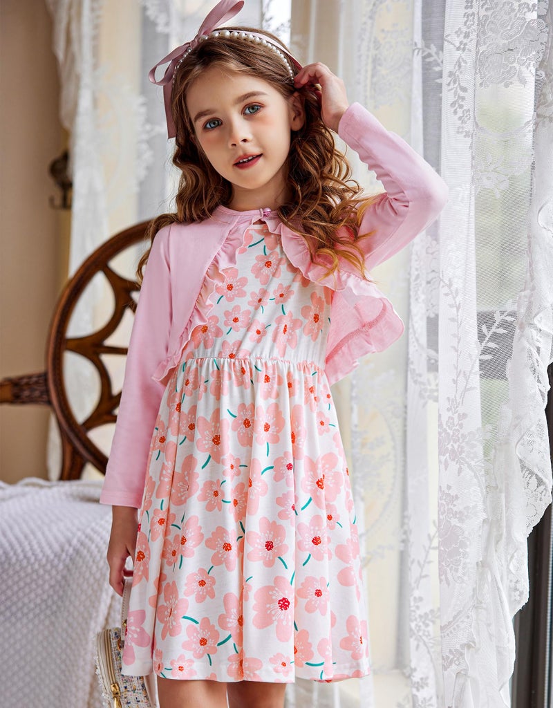 Arshiner Toddler Girls Dress with Pockets Cute Casual Floral Print Sleeveless Sundress and Pink Long Sleeve Shrugs Set 5-6 Years - Image 3