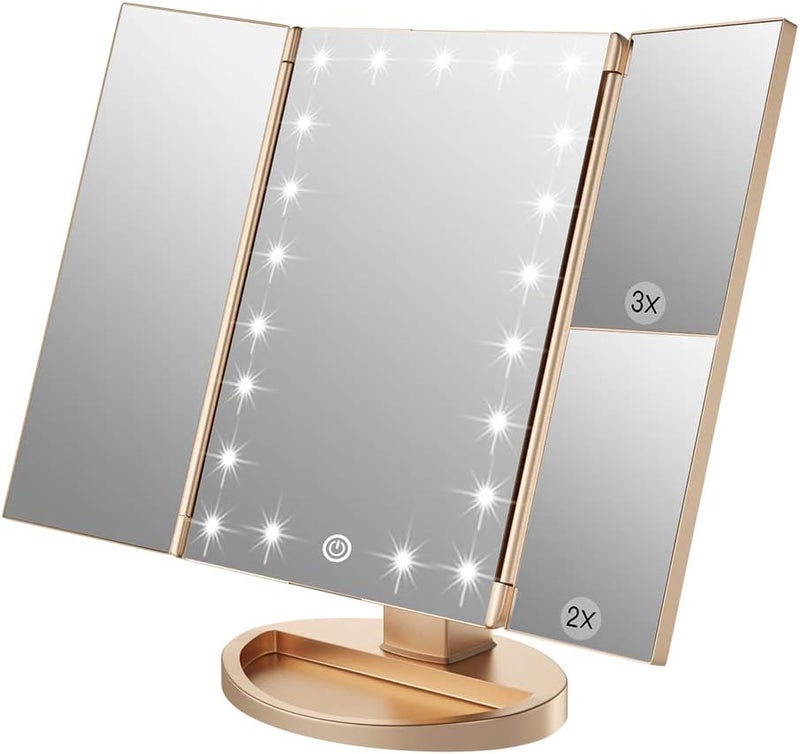 WEILY Makeup Mirror with 21 LED Lights,Two Power Supply Modes, Adjustable Touch Screen and 1x/2x/3x Magnification Tri-Fold Vanity Mirror, Gift for Women（Gold） - Image 1
